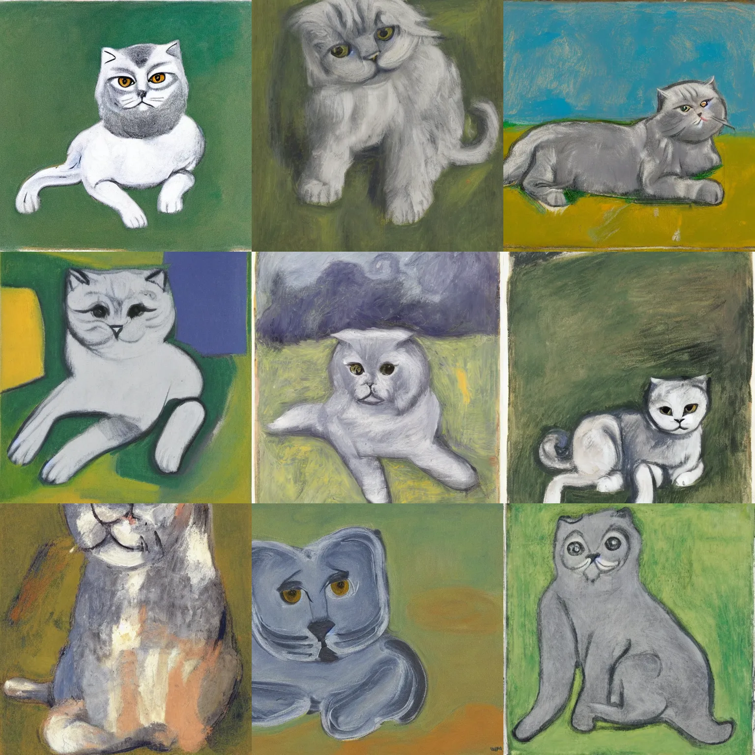 Prompt: a gray scottish fold sitting in the middle of sunny meadow, by willem de kooning