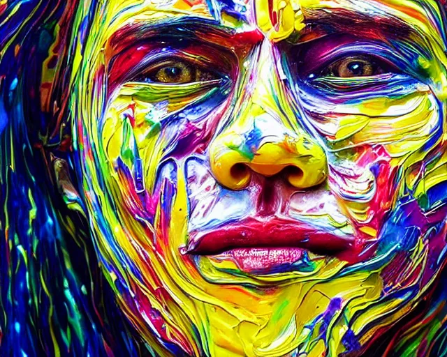 Image similar to still shot close up footage of the portrait of a human head made of acrylic pour and splashing paint and paint explosion and dripping paint and flying paint chunk, motion blur, hyperrealistic, medical, intricate art photography, anatomically correct, realistic crisp textures, 1 6 k