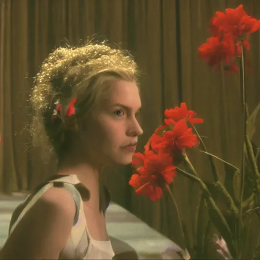 Image similar to movie still of the girl with the flowers head, cinematic composition, cinematic light, by edgar wright and david lynch, surrealist cinema