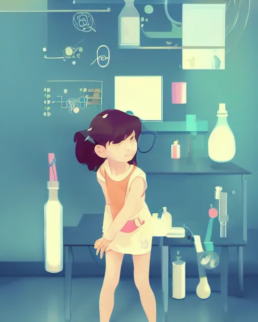 Image similar to a little girl is doing a science experiment. clean cel shaded vector art. minimalist illustration art by lois van baarle, artgerm, helen huang, by makoto shinkai and ilya kuvshinov, rossdraws