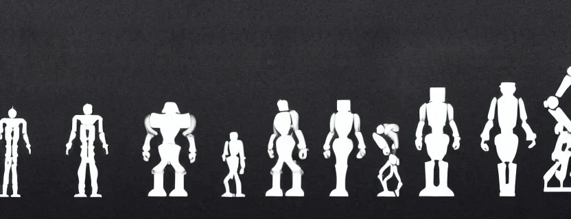 Image similar to an evolution diagram from left to right of robots, 8 k, hyper realistic. the left side robots are shorter, uncropped