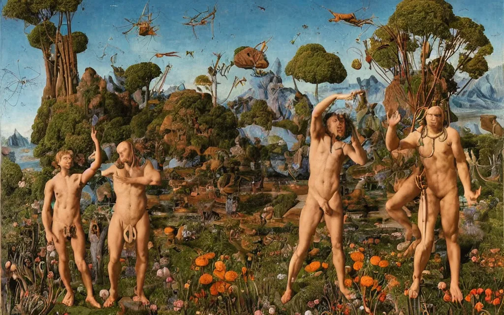 Image similar to a portrait photograph of a meditating satyr and a centaur monk riding a rocket machine and hunting at a river delta. surrounded by bulbous flowers and trees. mountain range under a blue sky of fiery stars. by jan van eyck, max ernst, ernst haeckel, ernst fuchs and artgerm, cgsociety, fashion editorial, 8 k