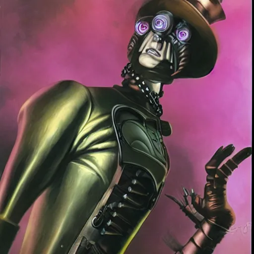 Prompt: steampunk android that emits purple fog, by alex ross