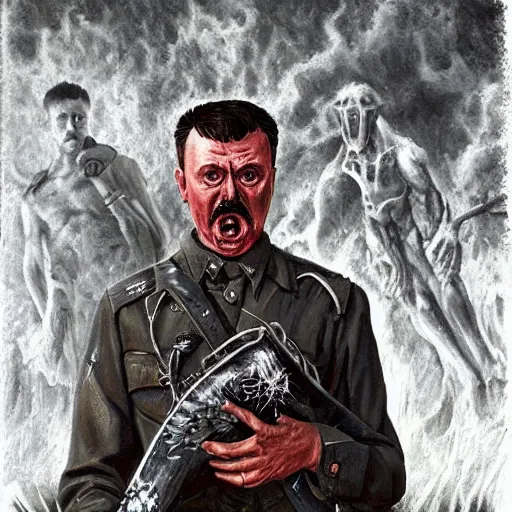 Image similar to igor ivanovich strelkov became an bloody aggressive degenerate hellfire demon calling for total mobilization, photo - realistic, color image, 2 k, highly detailed, bodyhorror, occult art