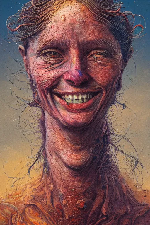 Image similar to 4K Stunningly detailed Ancient Beautiful happy portrait of a Smile inspired in beksinski and dan mumford work, 4K Upscale remixed with Simon Stalenhag work, sitting on the cosmic cloudscape