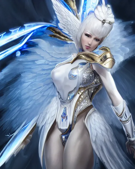 Image similar to perfect ornate white haired attractive egyptian goddess with huge white dove wings, warframe armor, beautiful, symmetric, dreamy, half asian, pretty face, blue eyes, detailed, scifi platform, laboratory, experiment, 4 k, ultra realistic, epic lighting, android body, illuminated, cinematic, masterpiece, art by akihito tsukushi, voidstar