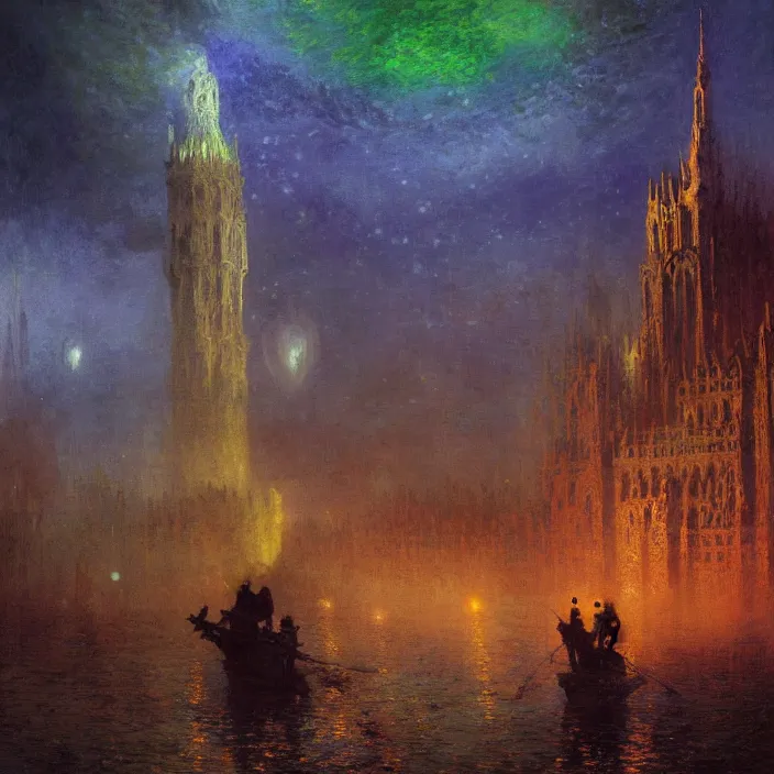 Prompt: a beautiful painting of a gothic city, colourful stars shining at night, astrophotography, cthulhu, colors out of space by ivan aivazovsky and greg rutkowski and james gurney and frank lloyd and monet, in style of impressionnisme. hyper detailed, sharp focus, soft light. unreal engine 5 lumen. ray tracing. trending on artstation. oil on canvas