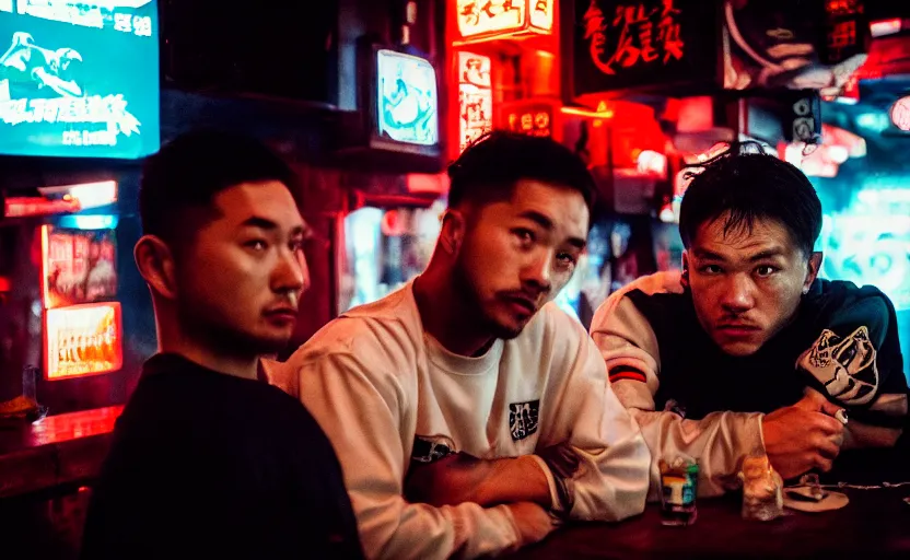 Prompt: cinestill 5 0 d photographic portrait of two white rats wearing streetwear talk at a bar in cyberpunk china, extreme closeup, modern cyberpunk, dust storm, 8 k, hd, high resolution, 3 5 mm, f / 3 2, ultra realistic faces, intricate detail, ex machina