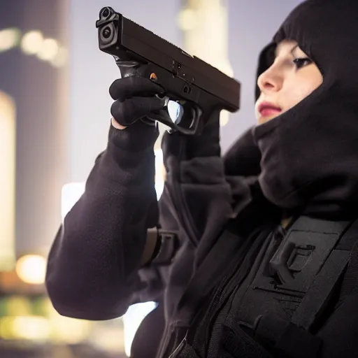 Image similar to photographic portrait of a techwear woman holding a Glock 18, closeup, on the rooftop of a futuristic city at night, sigma 85mm f/1.4, 4k, depth of field, high resolution, 4k, 8k, hd, full color