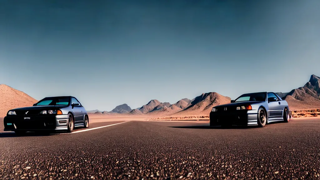 Image similar to three quarter front photo of a stock dark grey nissan r 3 2 skyline gtr on a road in a desert with a mountain in the background in the early morning, car photography, depth of field, zoom lens, blue hour, photorealistic