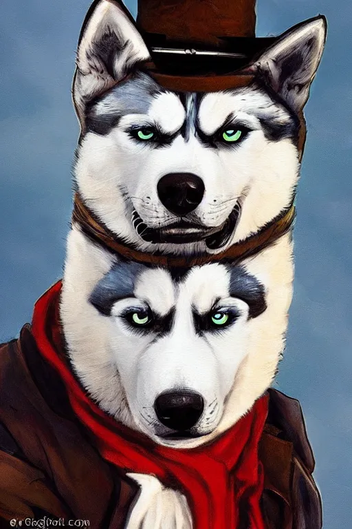 Prompt: a portrait painting of a husky in cowboy costume, a fistful of dollars, character design, anime, furry, humanoid, personify, anthropomorphic