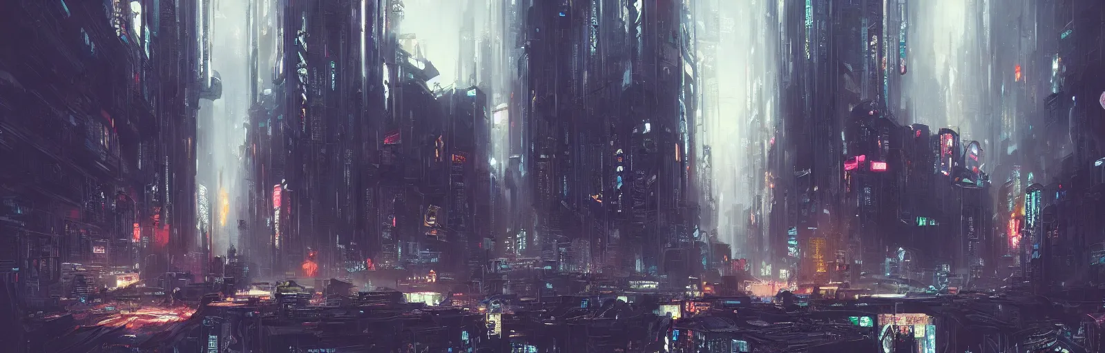 Image similar to a painting of a cyberpunk city trending on artstation in the style of greg rutkowski and banksy