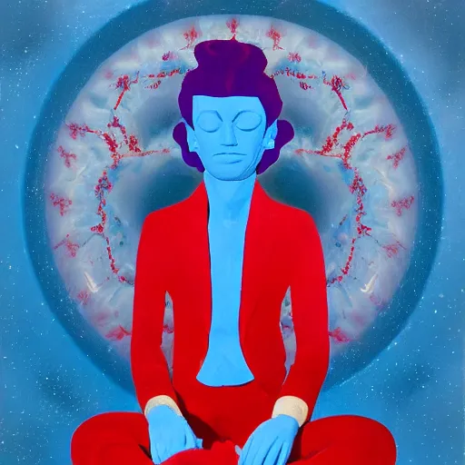 Image similar to A beautiful sculpture of a man in a red suit with a blue background. The man's eyes are closed and he has a serene, content look on his face. His arms are crossed in front of him and he appears to be floating in space. The blue background is swirling with geometric shapes and patterns. by John Harris tranquil, kaleidoscopic