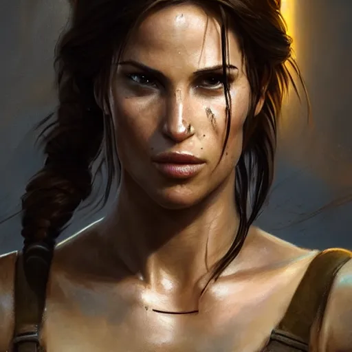 Prompt: Portrait Lara Croft, Tomb Raider, Alicia Vikander, beautiful, 4k oil on linen by wlop, artgerm, andrei riabovitchev, nuri iyem, james gurney, james jean, greg rutkowski, highly detailed, soft lighting 8k resolution