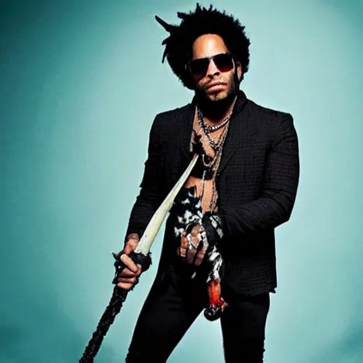 Prompt: photo of lenny kravitz annd his kawaii ninja rabbits