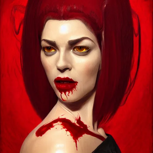 Prompt: portrait of cleopatra upper body in bloody business suit, blood red eyes, vampire fangs, fantasy, intricate, elegant, highly detailed, digital painting, artstation, concept art, matte, sharp focus, illustration, art by aenaluck and roberto ferri and greg rutkowski, epic fantasy, digital painting