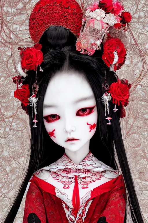 Image similar to high angle photo an avant - garde japanese bjd geisha vampire queen in a victorian lolita fashion red dress in the style of lovecraftian horror painted by yoshitaka amano, takato yamamoto, ayami kojima, dmt art, symmetrical vogue face portrait, intricate detail, artstation, cgsociety, artgerm, rococo