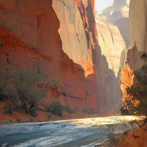 Image similar to zion national park painted by jeremy mann