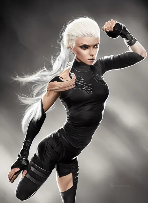 Prompt: a highly detailed illustration of fierce ponytail platinum blonde woman wearing black mma gear and gloves, dramatic powerful kicking pose, perfect face, fairly muscular, athletic, intricate, elegant, highly detailed, centered, digital painting, artstation, concept art, smooth, sharp focus, league of legends concept art, WLOP