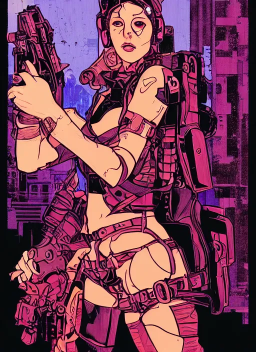 Image similar to maria. cyberpunk mercenary in scenic setting. portrait illustration, pop art, splash painting, art by ashley wood, alphonse mucha, laurie greasley and josan gonzales