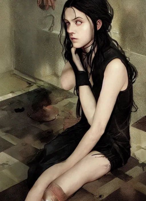 Image similar to a 1 6 year old girl eveline from resident evil 7 with straight long black hair wearing black dress that sitting on bathroom floor, photo for vogue, model エリサヘス s from acquamodels, art by artgem, greg rutkowski and alphonse mucha