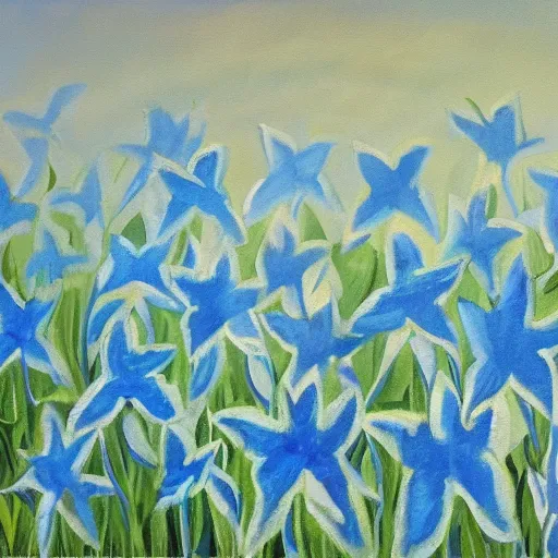 Image similar to painting of a field of light blue lilys, matte