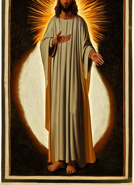 Prompt: « full length portrait of the white - tailed jesus in a white robe and flame in eyes, seven stars in right hand »