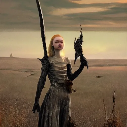 Image similar to Elle Fanning in the painted world of Dark Souls, head and shoulders masterpiece, apocalypse, golden hour, cosmic horror, artstation, in the style of Andrew Wyeth and Edwin Blashfield and Bosch, extremely detailed