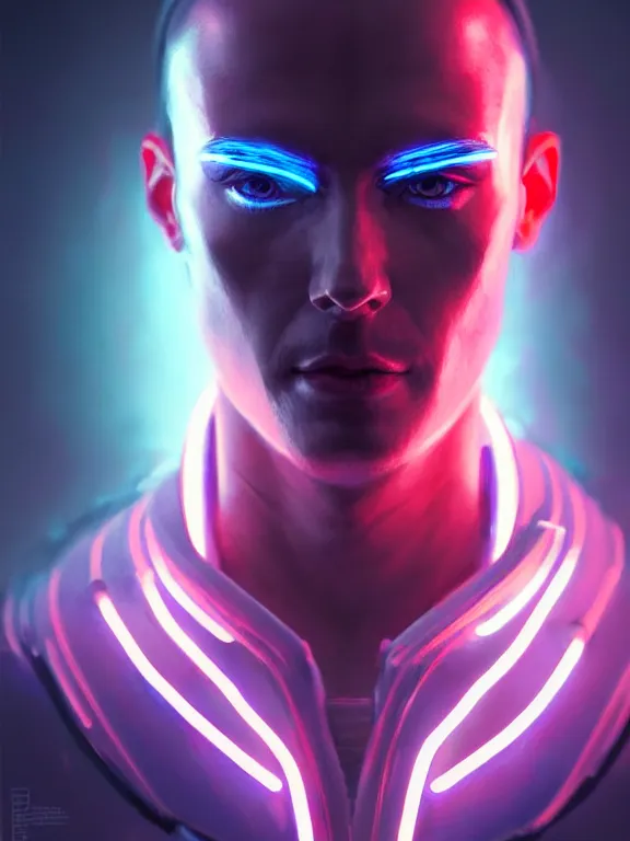 Image similar to portrait of male humanoid, intricate, masculine, cyber neon lights, highly detailed, digital photography, artstation, stylish pose, concept art, smooth, sharp focus, illustration, art by artgerm and greg rutkowski