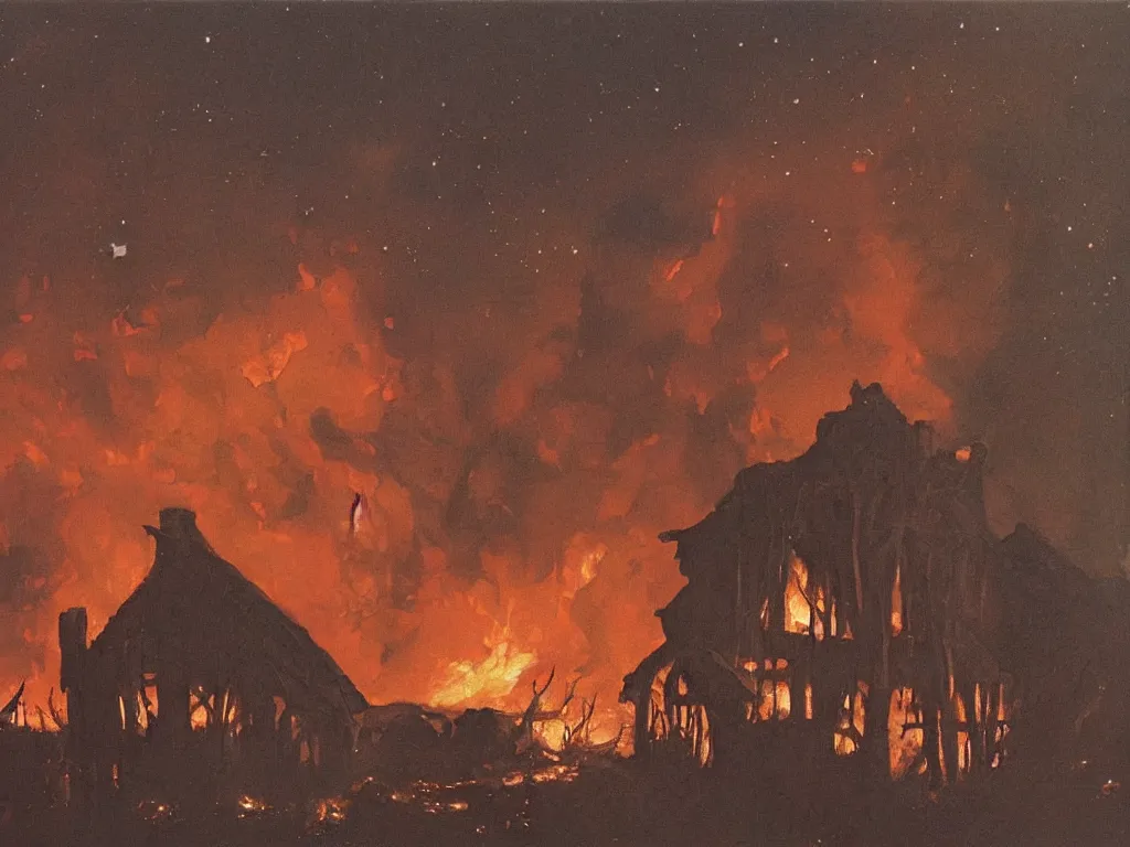 Prompt: Woman looking at her home burning. Charred wood beams, thick smoke. Melancholic landscape, stars. Painting by Georges de la Tour, Roger Dean