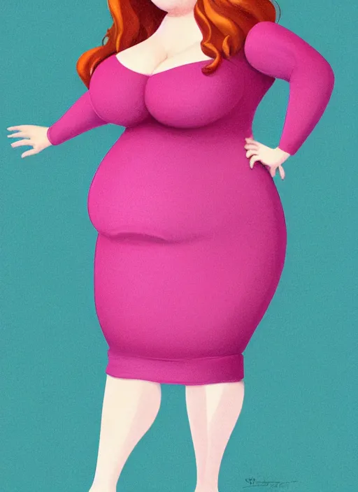 Image similar to full body portrait of teenage cheryl blossom, obese, bangs, sultry, realistic, red hair, sultry smirk, wavy hair, pink skirt, fat, obese, intricate, elegant, glowing lights, highly detailed, digital painting, artstation, concept art, smooth, sharp focus, illustration, art by wlop, mars ravelo and greg rutkowski