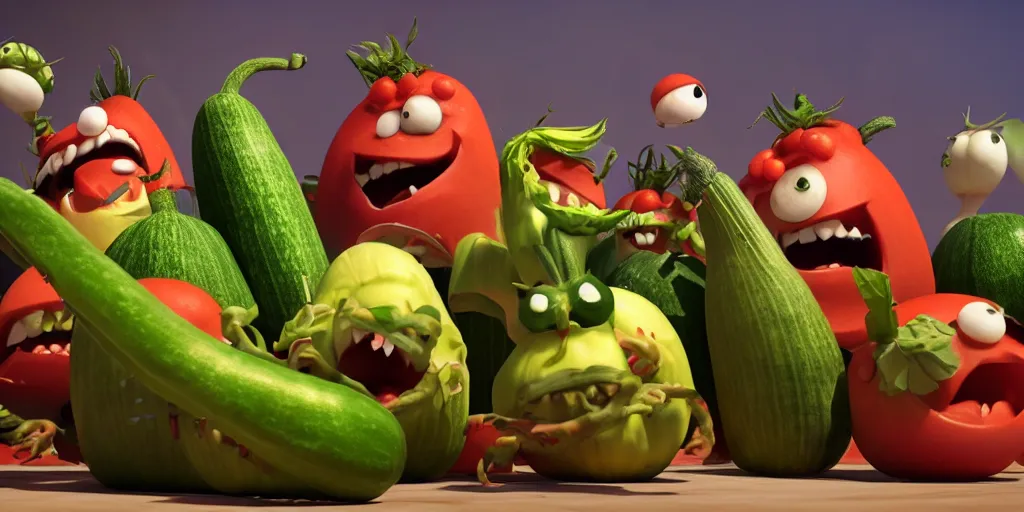 Prompt: detailed 3 d render of a furious zucchini assassin character at war with a gang of tomato characters, high speed action, knives, explosion, dramatic scene, hyper realistic octane render, cinematic lighting, deviantart, pop - surrealism, lowbrow, frame from pixar movie