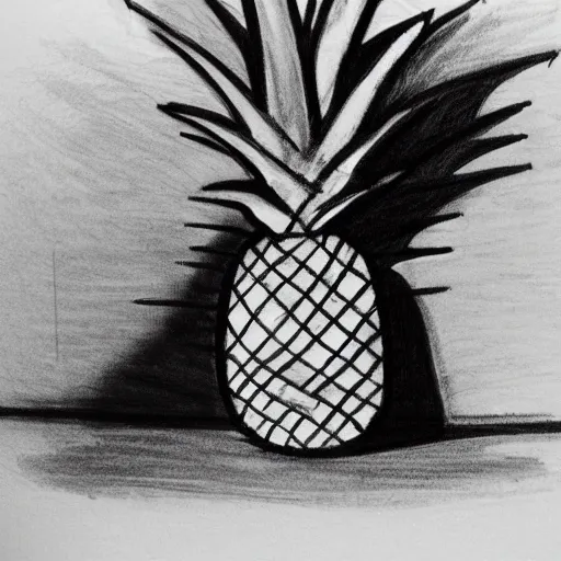 Prompt: a sketch of a pineapple sitting on a porch, sad, shadows,