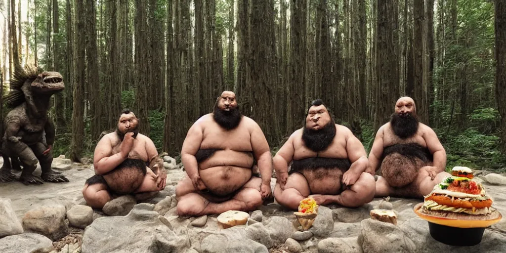 Image similar to photo, three hairy neanderthal people, sumo japanese, eating inside mcdonalds, surrounded by dinosaurs!, gigantic forest trees, sitting on rocks, bright moon, birthday cake on the ground, front view