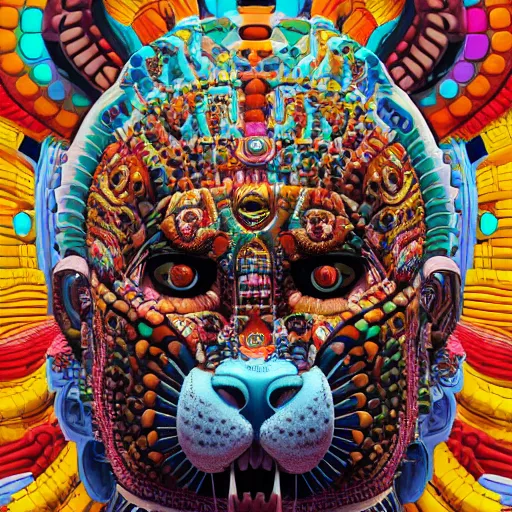 Prompt: a portrait of a mayan jaguar warrior by takashi murakami, beeple and james jean, aya takano color style, 4 k, super detailed