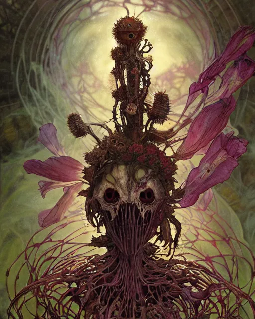 Image similar to the platonic ideal of flowers, rotting, insects and praying of cletus kasady carnage davinci dementor chtulu mandala howl's moving castle dinotopia bioshock the witcher, fantasy, ego death, decay, dmt, psilocybin, concept art by randy vargas and greg rutkowski and ruan jia and alphonse mucha