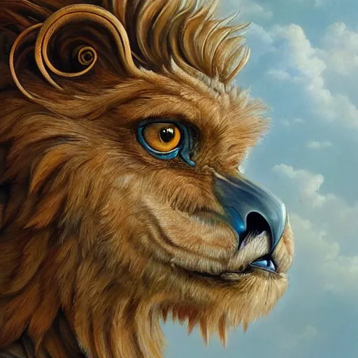 Prompt: a realistic oil painting portrait of a griffon, resembling a winged lion with an eagle head, highly detailed, trending on artstation, by james gurney and michael whelan