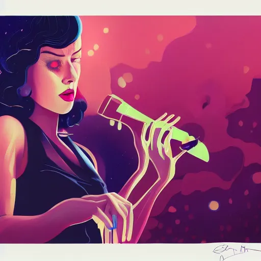 Image similar to a colorful comic noir illustration of a woman singing about a broken heart, beautiful, hyperrealistic, tristan eaton, victo ngai, artgerm, rhads, ross draws, 8 k, high contrast, dark vibes, pastel lighting, depth of field