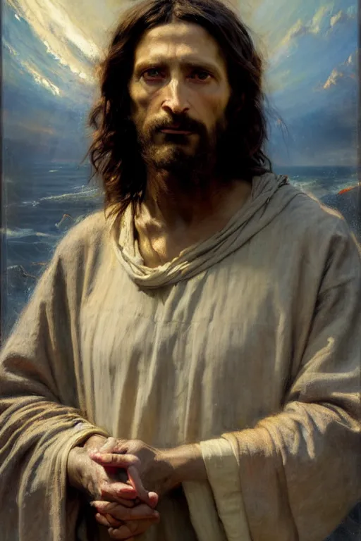 Image similar to photograph imax and solomon joseph solomon and richard schmid and jeremy lipking victorian loose genre loose painting full length portrait painting of jesus