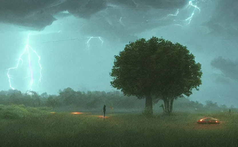 Prompt: A landscape with a thunderstorm, Low level, rendered by Beeple, Makoto Shinkai, syd meade, simon stålenhag, environment concept, synthwave style, digital art, unreal engine, WLOP, trending on artstation, 4K UHD image, octane render,