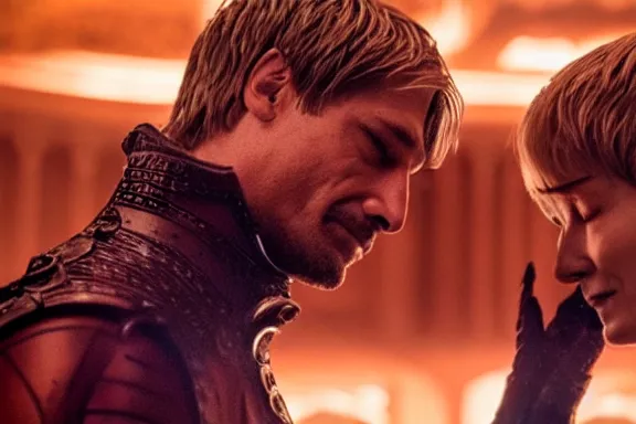 Image similar to very very intricate photorealistic photo of jaime lannister defeating cersei, photo is in focus with detailed atmospheric lighting, award - winning details