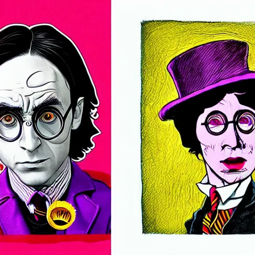 Prompt: graphic illustration, creative design, harry potter as willy wonka, biopunk, francis bacon, highly detailed, hunter s thompson, concept art