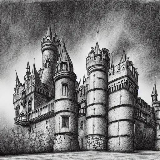 Prompt: a sprawling gothic castle fortress university, organic and art noveau, artstation, beutifully detailed pencil drawing, wide angle