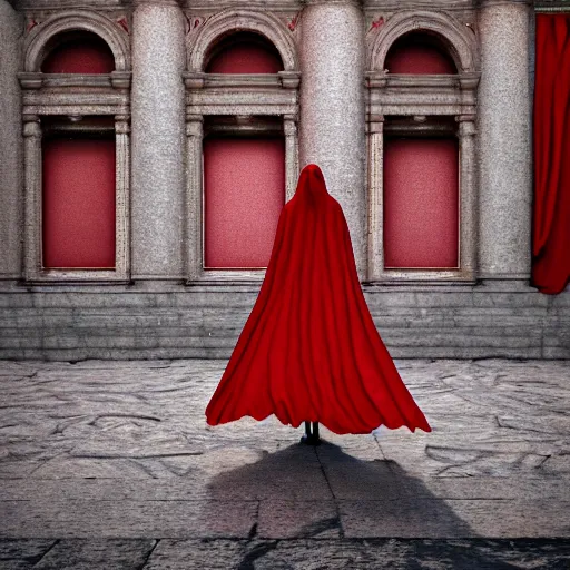 Prompt: a figure covered by red cloth that's blowing in the wind standing in a beautiful roman city, digital art, concept art, cloth simulation with houdini, octane, redshift, 8 k