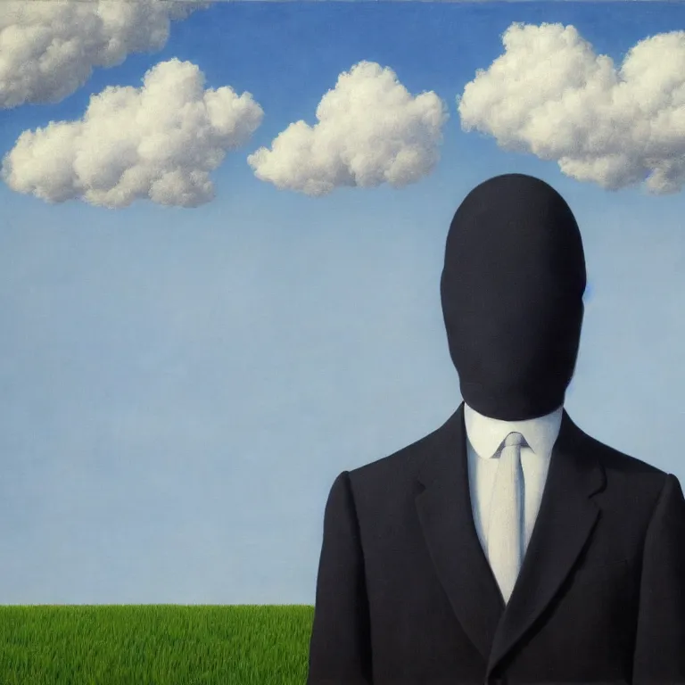 Image similar to portrait of a faceless shadow - head man with messy hair in a suit, clouds in the background, by rene magritte, detailed painting, distance, middle centered, hd, hq, high resolution, high detail, 4 k, 8 k