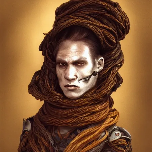 Image similar to portrait of a Shibari rope wrapped face and neck, headshot, insanely nice professional hair style, dramatic hair color, digital painting, of a old 15th century, old cyborg merchant, amber jewels, baroque, ornate clothing, scifi, realistic, hyperdetailed, chiaroscuro, concept art, art by Franz Hals and Jon Foster and Ayami Kojima and Amano and Karol Bak,