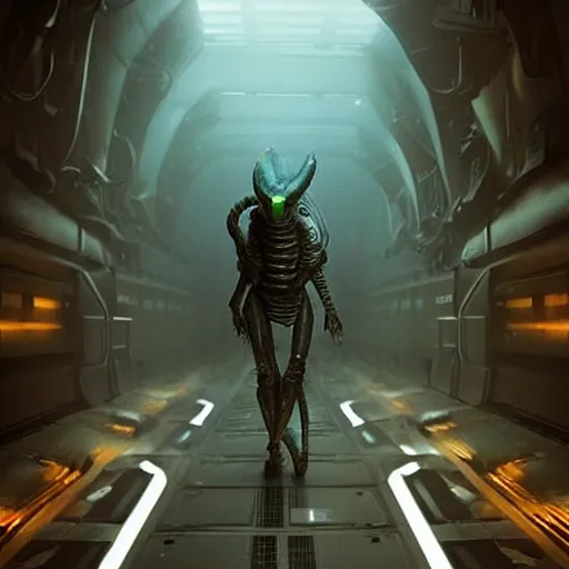 Image similar to xenomorph walking through a tight corridor in the movie alien, exposed tubes, mysterious atmospheric lighting, matte painting, intricate, iridescent, volumetric lighting, beautiful, rich deep colours masterpiece, fog golden hour, golden ratio, sharp focus, ultra detailed, by leesha hannigan, ross tran, thierry doizon, kai carpenter, ignacio fernandez rios