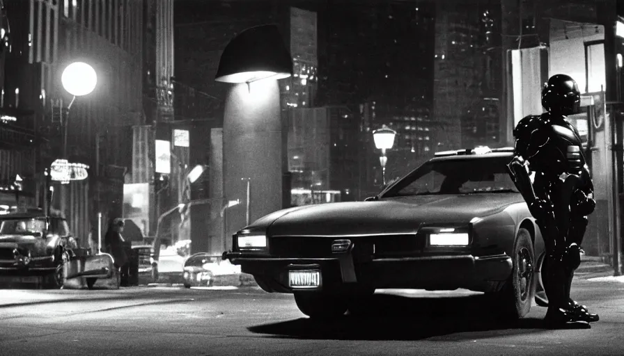 Prompt: robocop standing under a street lamp at night in downtown future detroit. leaning against a futuristic police car. criterion collection, movie still. 7 0 mm. imax. film.