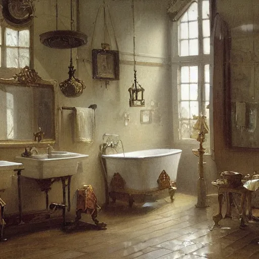 Prompt: detailed painting of a busy bathroom, filigree ornaments, fog, andreas achenbach,