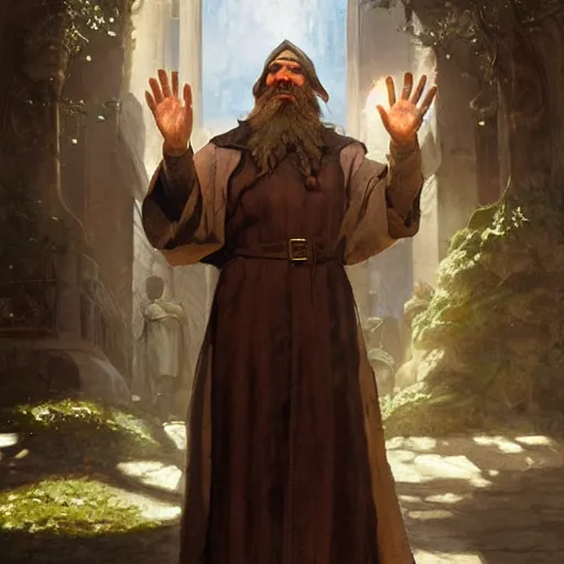 Prompt: A middle aged elf, wrinkled olive skin, brown hair and a raised hand, long beard, blue robes with clocks on, detailed face, highly detailed, cinematic lighting, digital art painting by greg rutkowski.